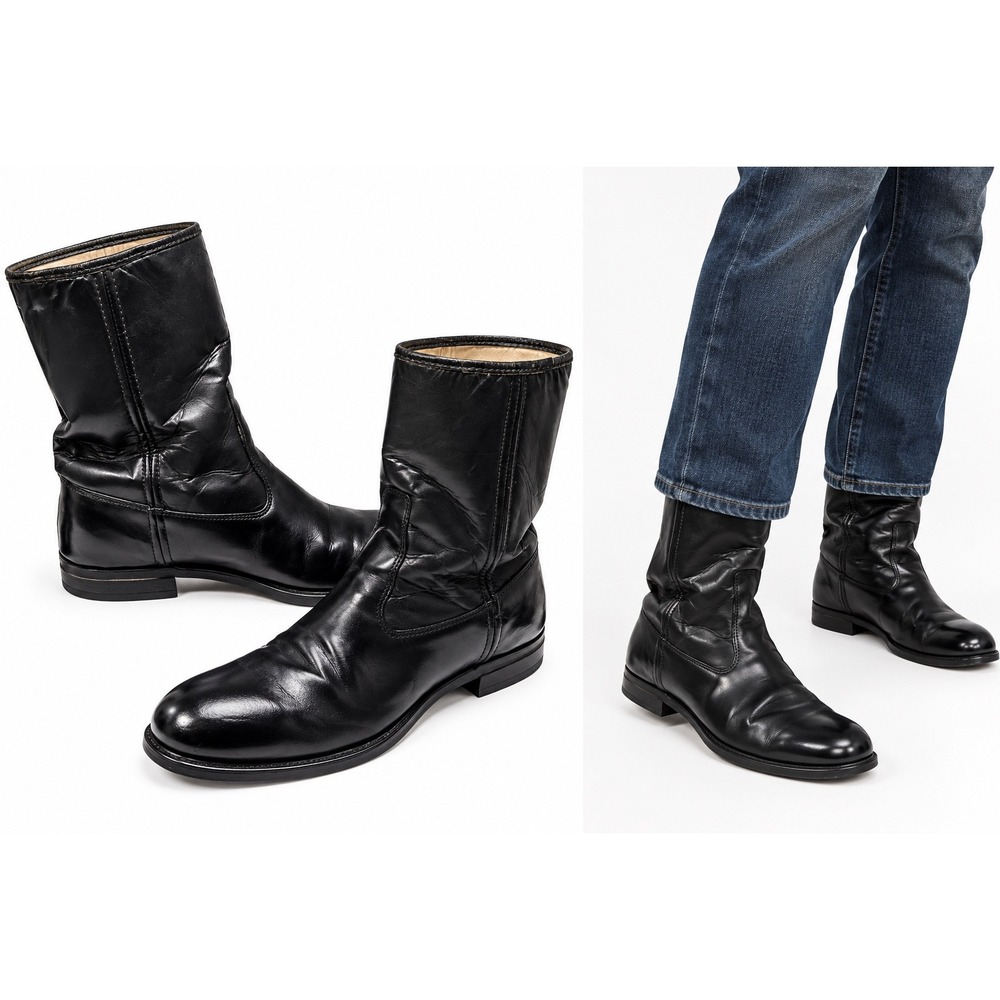 Vintage Knapp Black Leather Pull On Work Boots Men 7.5 E Shu-Life USA Moto Biker